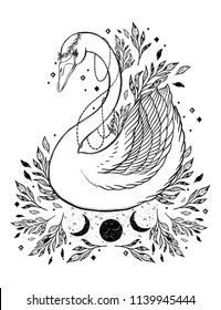 Sketch graphic illustration Beautiful Swan fairytale character with mystic and occult hand drawn symbols. Vector illustration. Vintage Hands with Old Fashion Tattoos.Freemasonry 