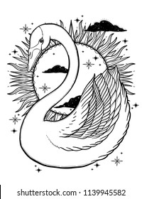 Sketch graphic illustration Beautiful Swan sun fairytale character with mystic and occult hand drawn symbols. Vector illustration. Vintage Hands with Old Fashion Tattoos.Freemasonry 