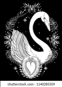 Sketch graphic illustration Beautiful Swan sun fairytale character with mystic and occult hand drawn symbols. Vector illustration. Vintage Hands with Old Fashion Tattoos,print t shirt.Freemasonry 