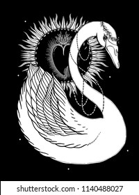 Sketch graphic illustration Beautiful Swan sun fairytale character with mystic and occult hand drawn symbols. Vector illustration. Vintage Hands with Old Fashion Tattoos,print t shirt.Freemasonry 