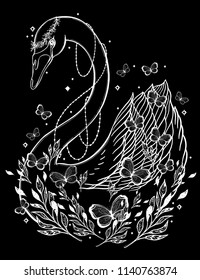 Sketch graphic illustration Beautiful Swan sun fairytale character with mystic and occult hand drawn symbols. Vector illustration. Vintage Hands with Old Fashion Tattoos,print t shirt.Freemasonry 