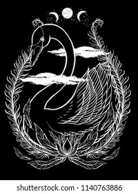 Sketch graphic illustration Beautiful Swan sun fairytale character with mystic and occult hand drawn symbols. Vector illustration. Vintage Hands with Old Fashion Tattoos,print t shirt.Freemasonry 