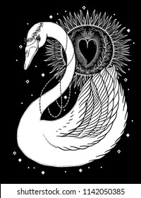 Sketch graphic illustration Beautiful Swan sun fairytale character with mystic and occult hand drawn symbols. Vector illustration. Vintage Hands with Old Fashion Tattoos,print t shirt..Freemasonry 