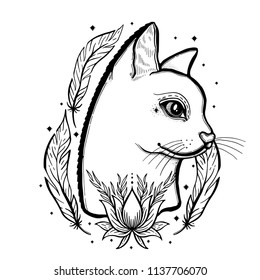Sketch graphic illustration cat with mystic and occult hand drawn symbols. Vector illustration. Astrological and esoteric concept. Vintage Hands with Old Fashion Tattoos. Black and white