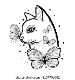 Sketch graphic illustration cat with mystic and occult hand drawn symbols. Vector illustration. Astrological and esoteric concept. Vintage Hands with Old Fashion Tattoos. Black and white