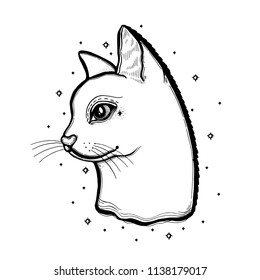 Sketch graphic illustration cat with mystic and occult hand drawn symbols. Vector illustration. Astrological and esoteric concept. Vintage Hands with Old Fashion Tattoos. Black and white