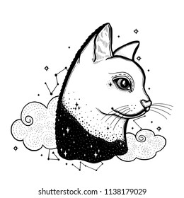 Sketch graphic illustration cat with mystic and occult hand drawn symbols. Vector illustration. Astrological and esoteric concept. Vintage Hands with Old Fashion Tattoos. Black and white