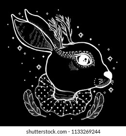 Sketch graphic illustration Circus Rabbit with mystic and occult hand drawn symbols. Vector illustration. Astrological and esoteric concept. Old Fashion Tattoos. Freemasonry secret societies emblem