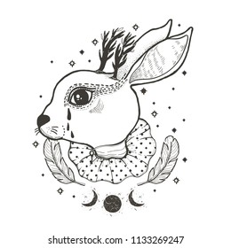 Sketch graphic illustration Circus Rabbit with mystic and occult hand drawn symbols. Vector illustration. Astrological and esoteric concept. Old Fashion Tattoos. Freemasonry secret societies emblem