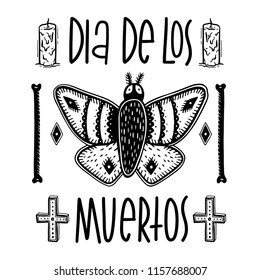 Sketch graphic illustration moth and bones with mystic and occult hand drawn symbols. Vector holiday illustration for Day of the dead or Halloween. Old Fashion Tattoos. Psychedelic style.