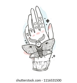 Sketch graphic illustration with mystic and occult hand drawn symbols. Moth is sitting on his hand. Vector illustration. Astrological and esoteric freemasonry concept. Old vintage style.