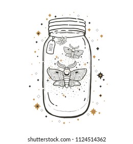 Sketch graphic illustration with mystic and occult hand drawn symbols.Mason jar with moth .Vector illustration. Halloween and esoteric concept.Freemasonry and secret societies emblems.Fantasy sign