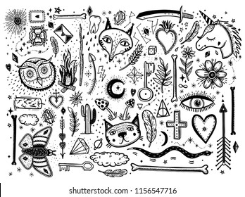 Sketch graphic illustration with mystic and occult hand drawn symbols big set. Vector holiday illustration for Day of the dead or Halloween. Astrological and esoteric concept.Psychedelic style.