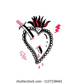Sketch graphic illustration with mystic and occult hand drawn symbols. Vector holiday illustration for Day of the dead or Halloween.  Old Fashion Tattoos. Psychedelic style.