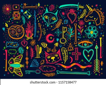 Sketch graphic illustration with mystic and occult hand drawn symbols big set. Vector holiday illustration for Day of the dead or Halloween. Astrological and esoteric concept.Psychedelic style.