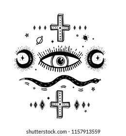 Sketch graphic illustration with mystic and occult hand drawn symbols. Vector holiday illustration or Halloween. Astrological and esoteric concept. Old Fashion Tattoos. Psychedelic style.