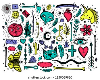 Sketch graphic illustration with mystic and occult hand drawn symbols big set. Vector holiday illustration for Day of the dead or Halloween. Astrological and esoteric concept.  Psychedelic style.