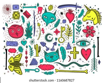 Sketch graphic illustration with mystic and occult hand drawn symbols big set. Vector holiday illustration for Day of the dead or Halloween. Astrological and esoteric concept. Psychedelic style.