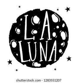 Sketch graphic illustration mystic and occult hand drawn symbols.Speech in moon calligraphic hand drawn lettering of inspirational quote 'La luna'. Vector illustration