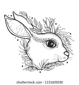 Sketch graphic illustration rabbit and butterfly with mystic and occult hand drawn symbols. Vector illustration. Old fashion tatoo.