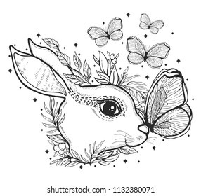 Sketch graphic illustration rabbit and butterfly with mystic and occult hand drawn symbols. Vector illustration. Old fashion tatoo.