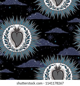 Sketch graphic illustration seamless pattern Sun with mystic and occult hand drawn symbols. Vector illustration. Vintage prints with Old Fashion Tattoos.Freemasonry