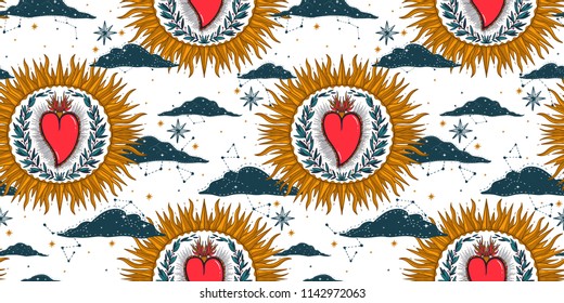 Sketch graphic illustration seamless pattern Sun with mystic and occult hand drawn symbols. Vector illustration. Vintage prints with Old Fashion Tattoos.Freemasonry