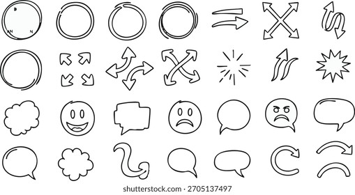 El conjunto de símbolos gráficos de boceto incluye flechas de burbujas de discurso caras marcadores de velocidad Elementos de navegación estilo doodle.