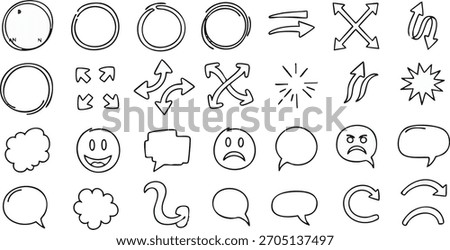 Sketch graphic symbol set includes speech bubbles arrows faces speed markers navigation elements doodle style.