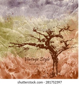 Sketch graphic tree on watercolor colorful background, vector hand drawn illustration, vintage style, template for design pattern, collection of brush, printing, elements package organic eco product