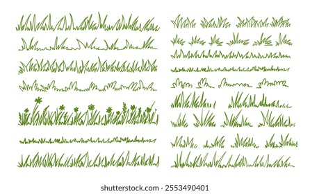 Sketch grass. Doodle grassy plants. Hand drawn outline silhouette wild herb field border. Springs garden lawn, flower grasses bush. Vector meadow pattern set.