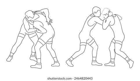 Sketch Greco Roman wrestling. Wrestlers fighting, competing. Martial art. Vector illustration isolated on white background