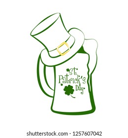 Sketch of a green beer glass with a traditional irish hat. Saint patricks day. Vector illustration design