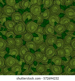 Sketch with green flowers. Hand drawn. Seamless rose pattern.