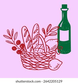 Sketch Green Glass Wine Bottle, Pasty Bakery Food. Vintage Mediterranean Atmosphere Life Element. Hand Drawn Travel Agency Card, Invitation, Poster Print Design. Beverage, Fresh Bread and Olive Branch