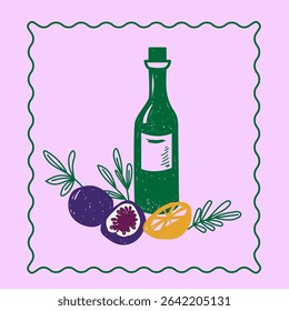Sketch Green Glass Wine Bottle, Figs, Lemon Illustration. Vintage Mediterranean Atmosphere Life Element. Hand Drawn Travel Agency Card, Invitation, Poster Print Design. Beverage and Fresh Healthy Food