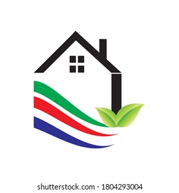 Sketch of green leaf house logo design icon illustration.