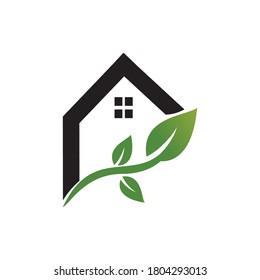 Sketch of green leaf house logo design icon illustration.