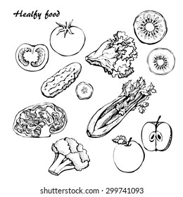 sketch of green vegetables and fruit, vector set