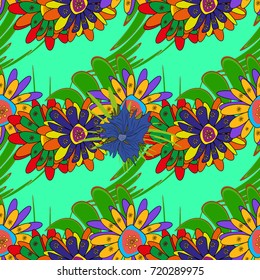 Sketch in green, violet, yellow colors. Seamless vector hand drawing flowers in doodle style for scrapbooking, Save the date card, postcard, flyer or wedding invitation, wallpaper, wrapping paper.