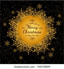 Sketch greeting card with text, festive poster, party invitation. Attribute of Christmas and New year. Snowflakes of golden color on black background, texture of snowfall. Inscription Merry Christmas.