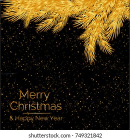 Sketch greeting card with text, festive poster, party invitation. Attribute of Christmas, New year. Pine branch, golden snowflakes on black background, texture of snowfall. Inscription Merry Christmas