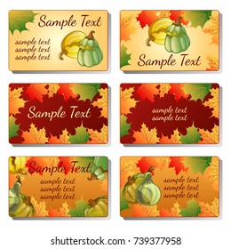 Sketch for greeting cards, invitations, posters, placards with autumn leaves trees and crafts from pumpkins, and space for your sample text on theme of nature. Vector cartoon close-up illustration.
