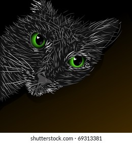 Sketch grey cat with beautiful green eyes laying on the dark background (eps10)