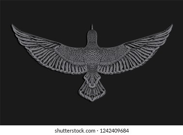 Sketch of grey flying bird on the black background. Print for t shiry and tattoo art. Feathers pattern.