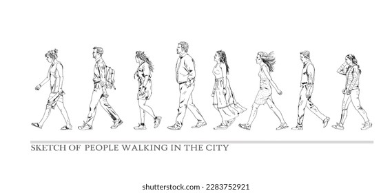 Sketch, group of business people walking in the city. Collection of silhouettes for your project. Side view