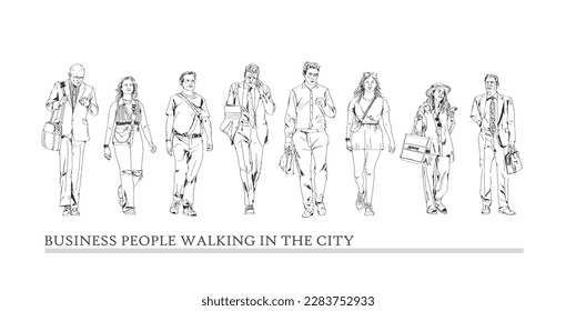 Sketch. Group of business people walking in the city. Collection of silhouettes for your project. Front view