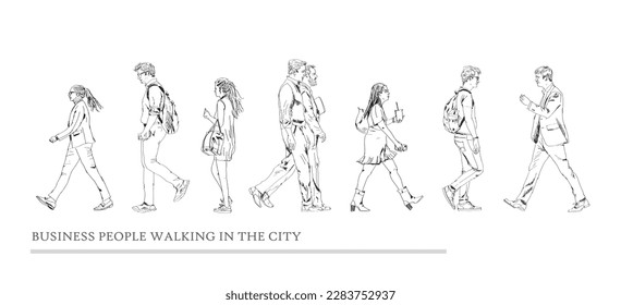 Sketch, group of business people walking in the city. Collection of silhouettes for your project. Side view