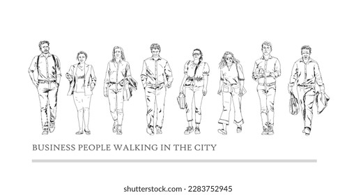 Sketch, group of business people walking in the city. Collection of silhouettes for your project. Front view