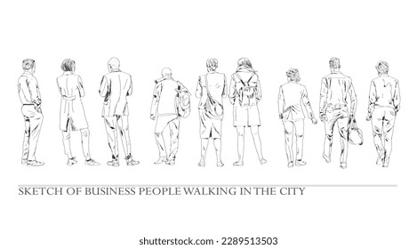 Sketch, group of business people walking in the city. Collection of silhouettes for your project. Back view